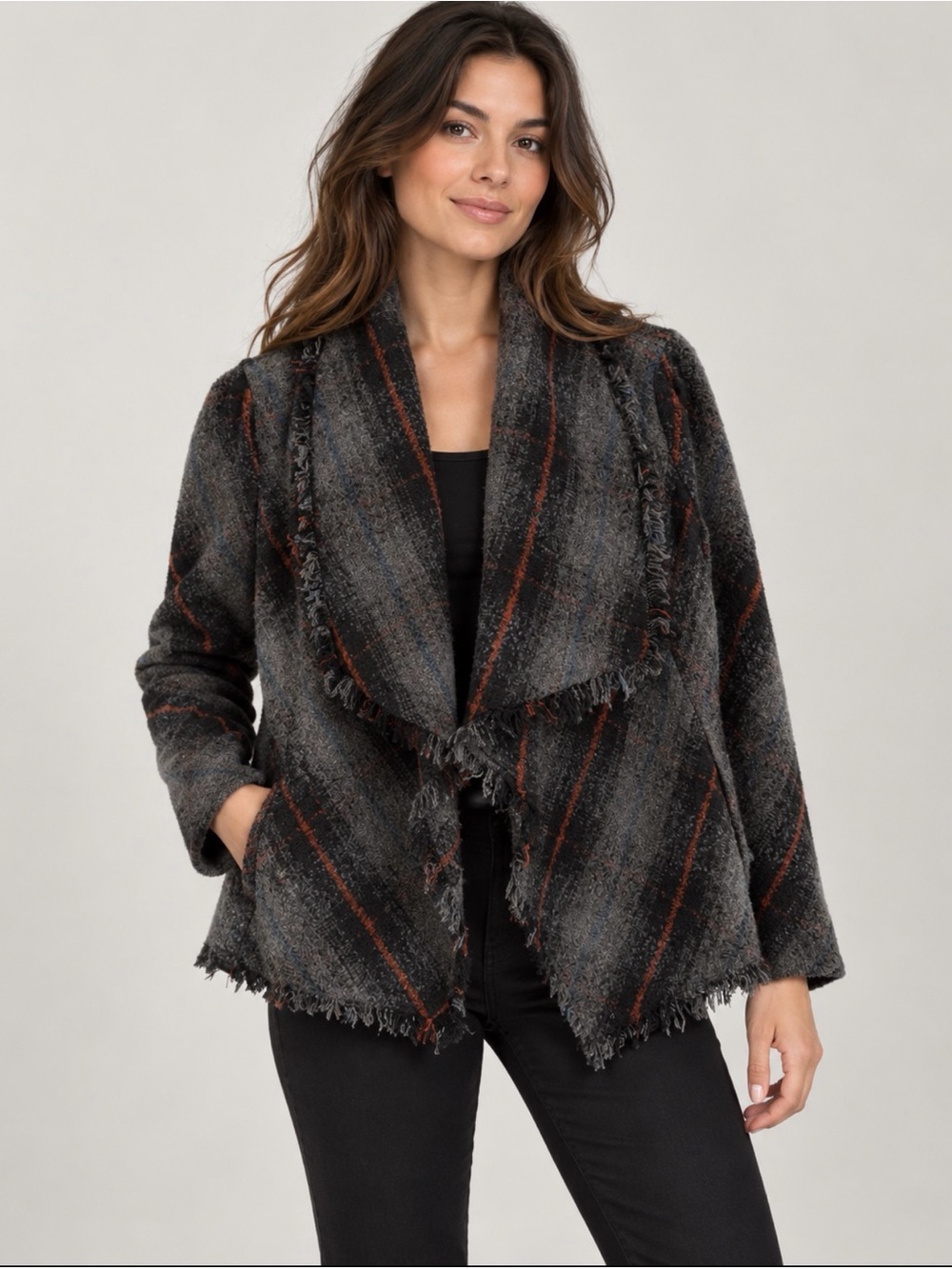 Nordstroms Relaxed Draped Plaid wool blend fringe peplum back coat medium